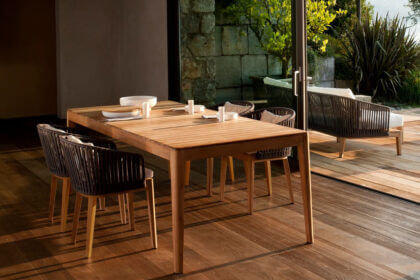 Clean teak outdoor furniture with soap water and soft brush removing dirt and stains from wooden surface