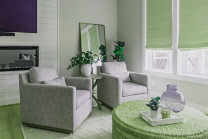 Cohesive home décor example showing unified color palette and repeated design elements across living room spaces