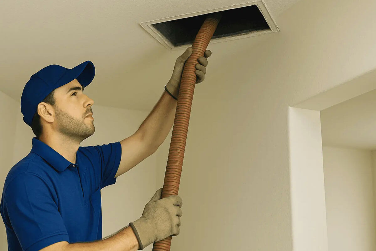 Person cleaning dirty air ducts with vacuum and brush showing how to clean air vents properly