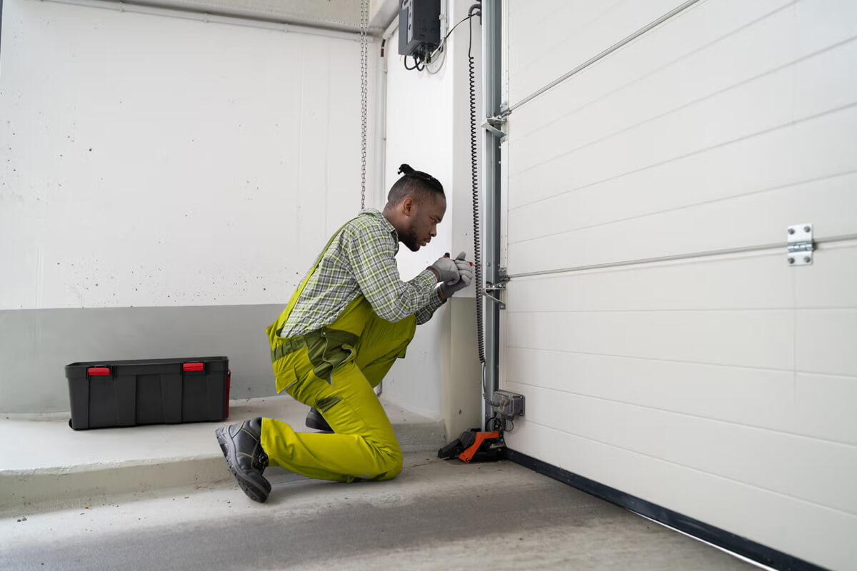 Homeowner performing maintain your garage door maintenance by lubricating hinges and checking safety sensors