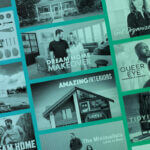 Interior design mood board inspired by Netflix shows featuring Wednesday gothic style and Bridgerton pastel colors with furniture samples