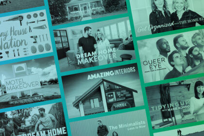 Interior design mood board inspired by Netflix shows featuring Wednesday gothic style and Bridgerton pastel colors with furniture samples