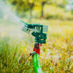 Professional sprinkler repair technician fixing irrigation system in Golden Colorado backyard