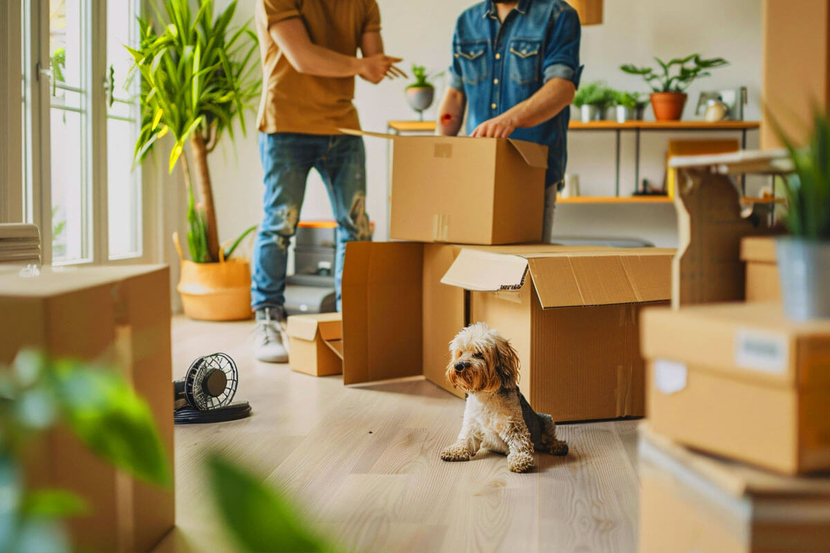 Young woman using smartphone apartment hunting app while sitting in modern living room with moving boxes