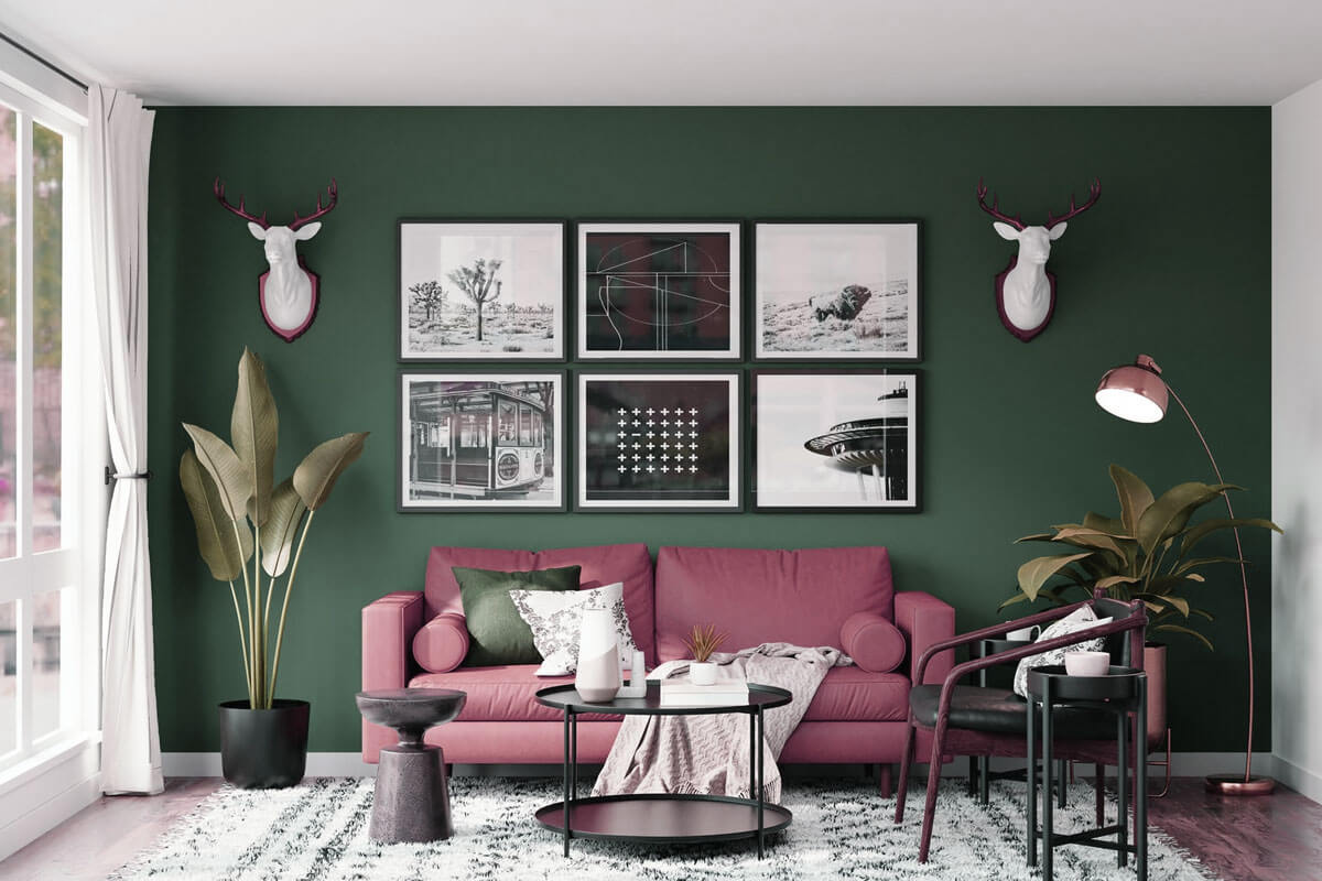 Living room showing how to choose wall art for your home with properly sized artwork above sofa following two-thirds rule