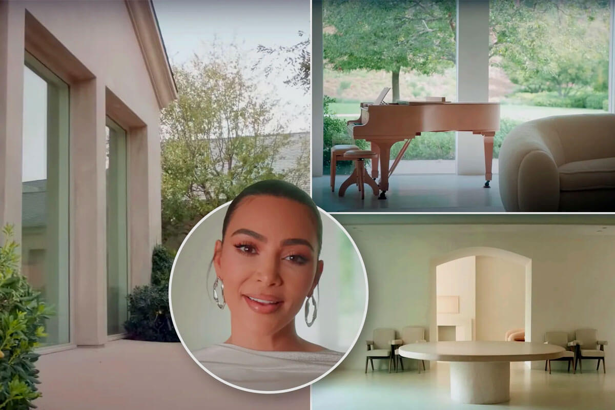 Kim Kardashian kitchen design showing minimalist white cabinets, custom basinless sink, and neutral color palette in Hidden Hills mansion