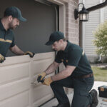 Emergency garage door repair technician fixing broken spring with safety tools and equipment