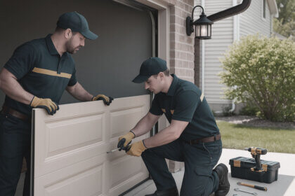 Emergency garage door repair technician fixing broken spring with safety tools and equipment