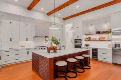 Kitchen cabinet refacing ideas showing before and after transformation with sage green cabinets and new hardware