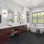 Modern contemporary bathroom design ideas featuring floating vanity with clean lines and natural materials in minimalist space