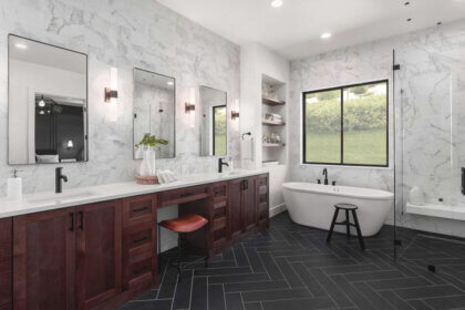 Modern contemporary bathroom design ideas featuring floating vanity with clean lines and natural materials in minimalist space