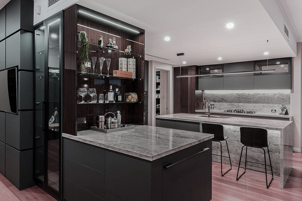 Modern luxury kitchen with smart appliances, quartz countertops, and custom cabinetry featuring elegant design and clean lines