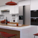 Small modular kitchen with L-shaped layout showing white cabinets, compact storage solutions, and space-saving design for tiny homes