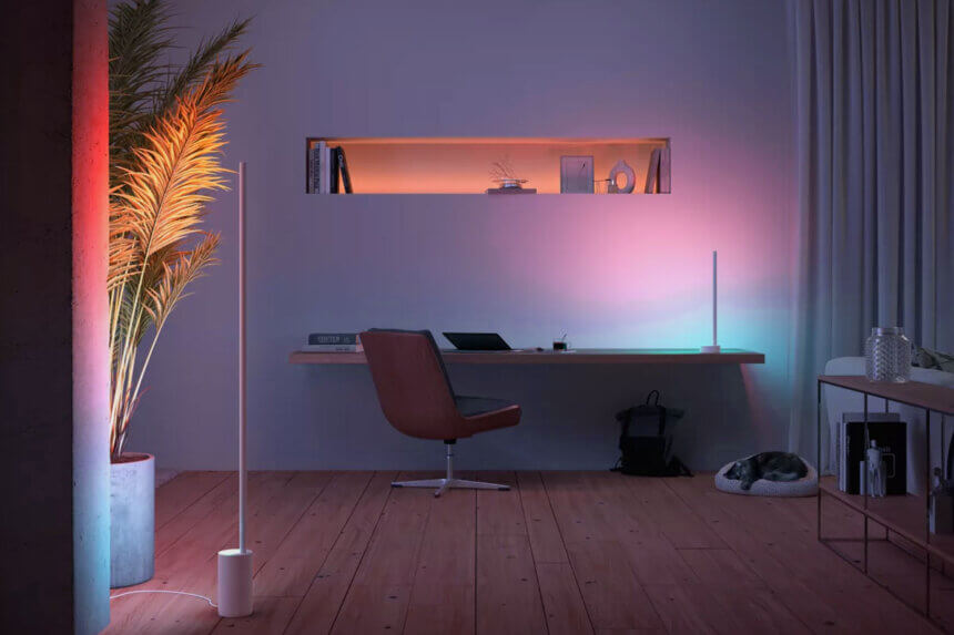 Smart floor lamp with LED lights and voice control in modern living room setting with wireless connectivity features