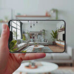 Virtual home decor app showing furniture placement in living room using augmented reality on smartphone screen