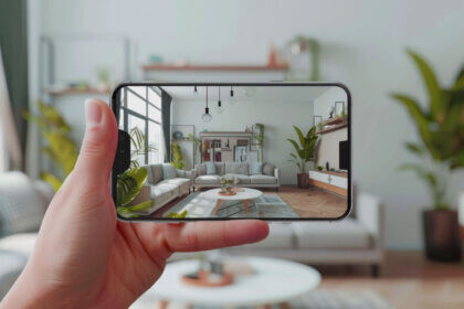 Virtual home decor app showing furniture placement in living room using augmented reality on smartphone screen