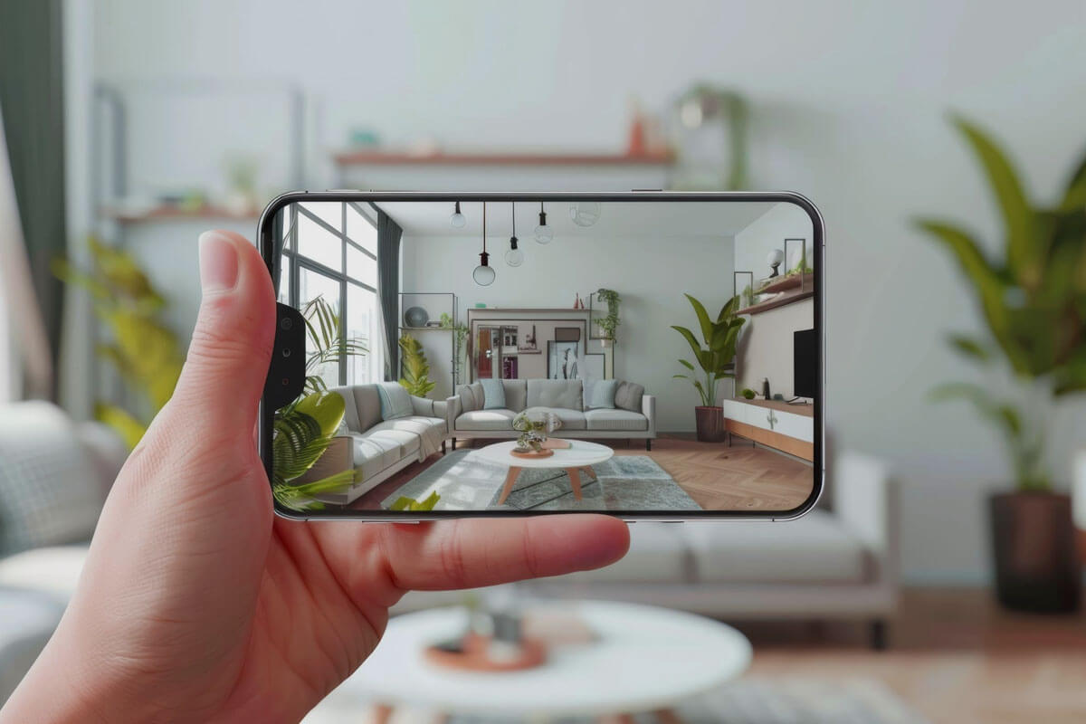 Virtual home decor app showing furniture placement in living room using augmented reality on smartphone screen