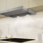 486 Gelyney Extractor Hood installed above kitchen stove with LED lighting and stainless steel finish