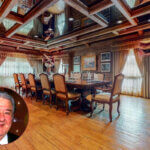 Buddy Hackett House dining room with wood-beamed ceiling and ornate coffered ceiling at 718 Walden Drive Beverly Hills