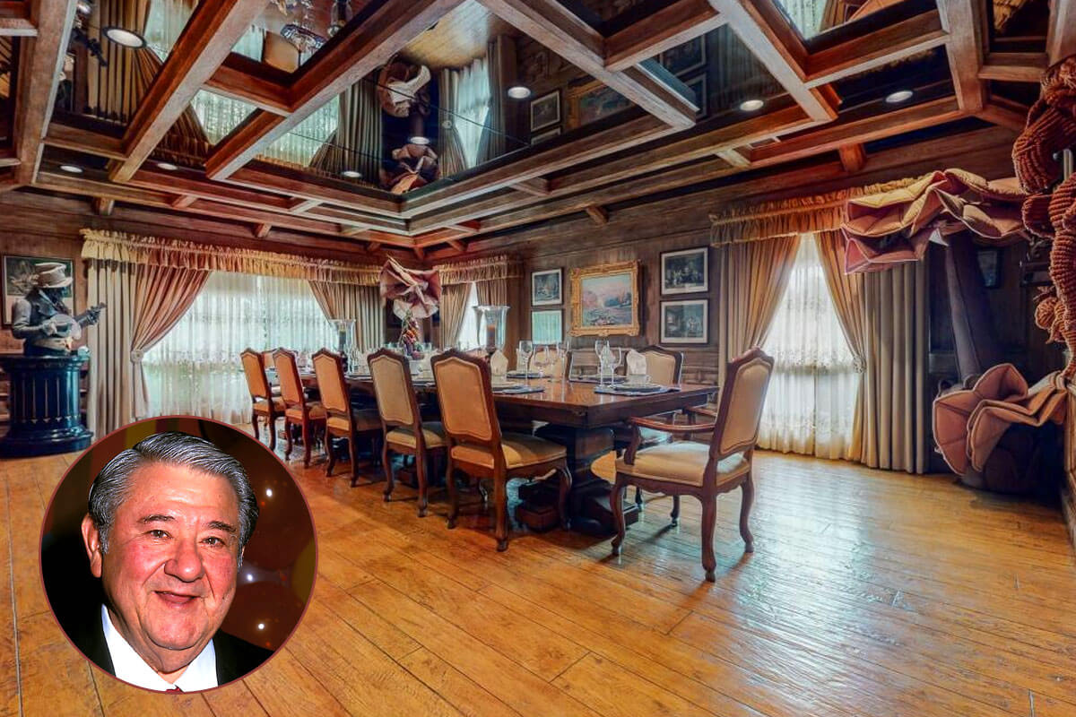 Buddy Hackett House dining room with wood-beamed ceiling and ornate coffered ceiling at 718 Walden Drive Beverly Hills