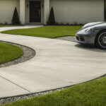 front yard half circle driveway ideas showing curved entrance with brick pavers and center island landscaping