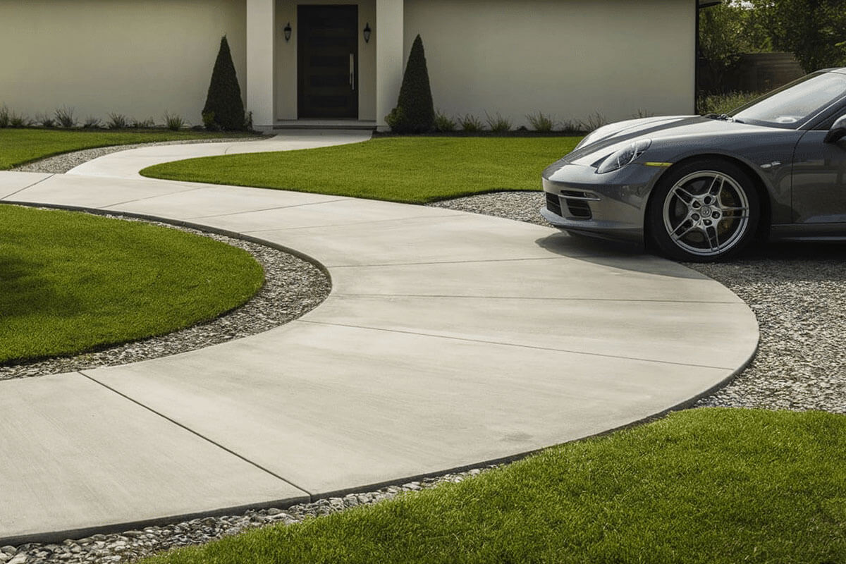 front yard half circle driveway ideas showing curved entrance with brick pavers and center island landscaping