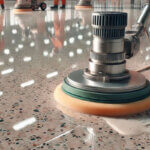 Person using microfiber mop to clean terrazzo floors with neutral pH cleaner and water bucket