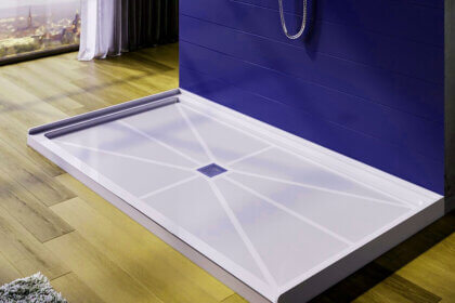 Step-by-step guide showing how to install a Schluter shower pan with foam tray and waterproof membrane