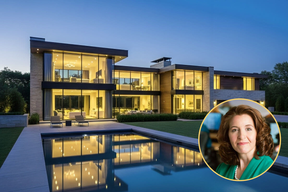 Kathy Warden House modern luxury estate with pool and floor-to-ceiling windows at dusk