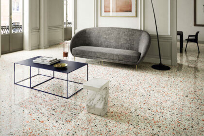 Polished terrazzo floors with marble chips and glass aggregates in modern interior design