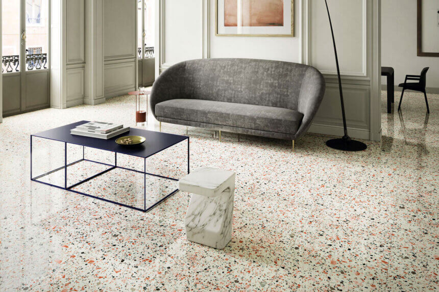 Polished terrazzo floors with marble chips and glass aggregates in modern interior design
