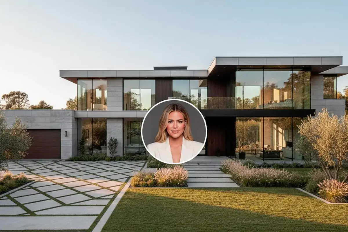 Khloe Kardashian Hidden Hills House exterior showing modern farmhouse design with large windows and manicured lawn