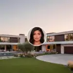 Kylie Jenner House Hidden Hills Address exterior showing modern luxury mansion with pool and landscaping at sunset