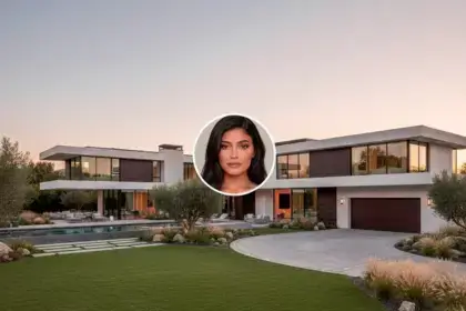 Kylie Jenner House Hidden Hills Address exterior showing modern luxury mansion with pool and landscaping at sunset