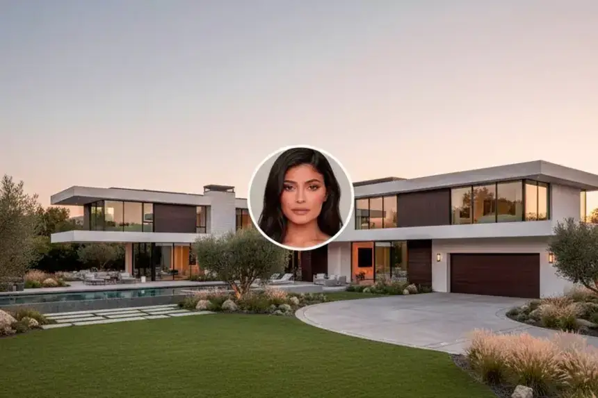 Kylie Jenner House Hidden Hills Address exterior showing modern luxury mansion with pool and landscaping at sunset