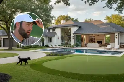 Scottie Schefflers House In Dallas featuring modern white exterior, swimming pool with spa, putting green, and mature oak trees in exclusive Bluffview neighborhood
