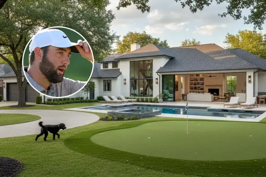 Scottie Schefflers House In Dallas featuring modern white exterior, swimming pool with spa, putting green, and mature oak trees in exclusive Bluffview neighborhood