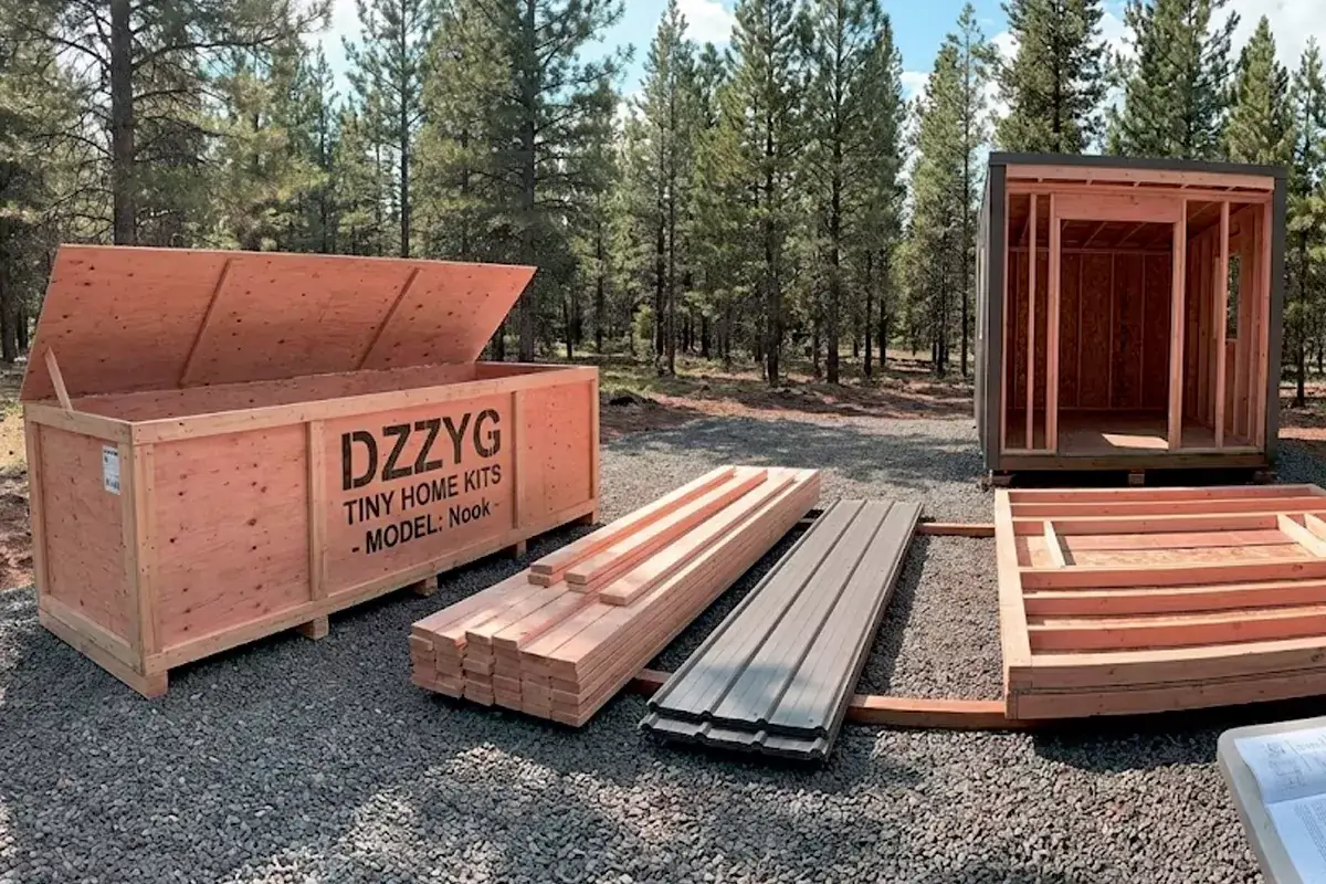 Dzzyg Tiny Home Kit Model Nook wooden crate with pre-cut building materials and assembled frame structure on gravel lot in forest setting