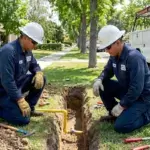 Two licensed plumbers performing gas line repair and installation work in Pasadena residential yard with professional tools and equipment