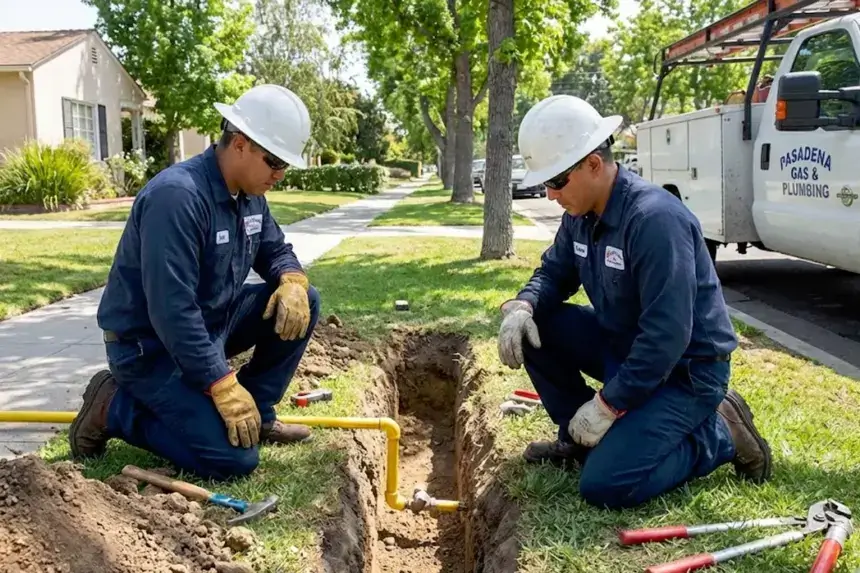 Two licensed plumbers performing gas line repair and installation work in Pasadena residential yard with professional tools and equipment