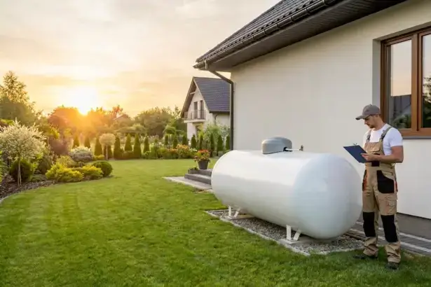 Professional contractor inspecting above-ground home propane tank installation on concrete pad beside residential house