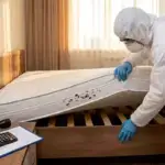 Professional pest control technician in protective suit inspecting mattress for bed bugs with clipboard showing cost estimate