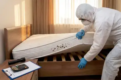 Professional pest control technician in protective suit inspecting mattress for bed bugs with clipboard showing cost estimate