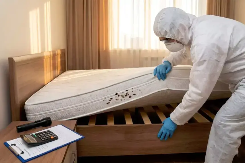 Professional pest control technician in protective suit inspecting mattress for bed bugs with clipboard showing cost estimate