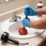 Professional plumber wearing blue gloves using a red plunger to unclog a drain line in white bathroom sink with drain snake tool nearby