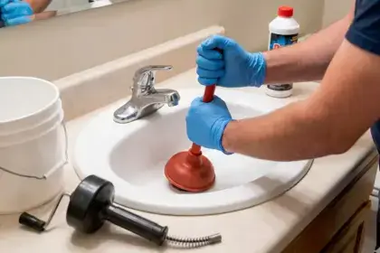 Professional plumber wearing blue gloves using a red plunger to unclog a drain line in white bathroom sink with drain snake tool nearby