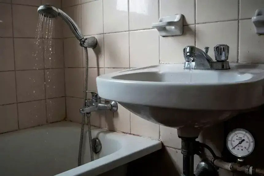 Bathroom showing low water pressure from shower head with pressure gauge visible on pipe demonstrating how to improve water pressure in your home