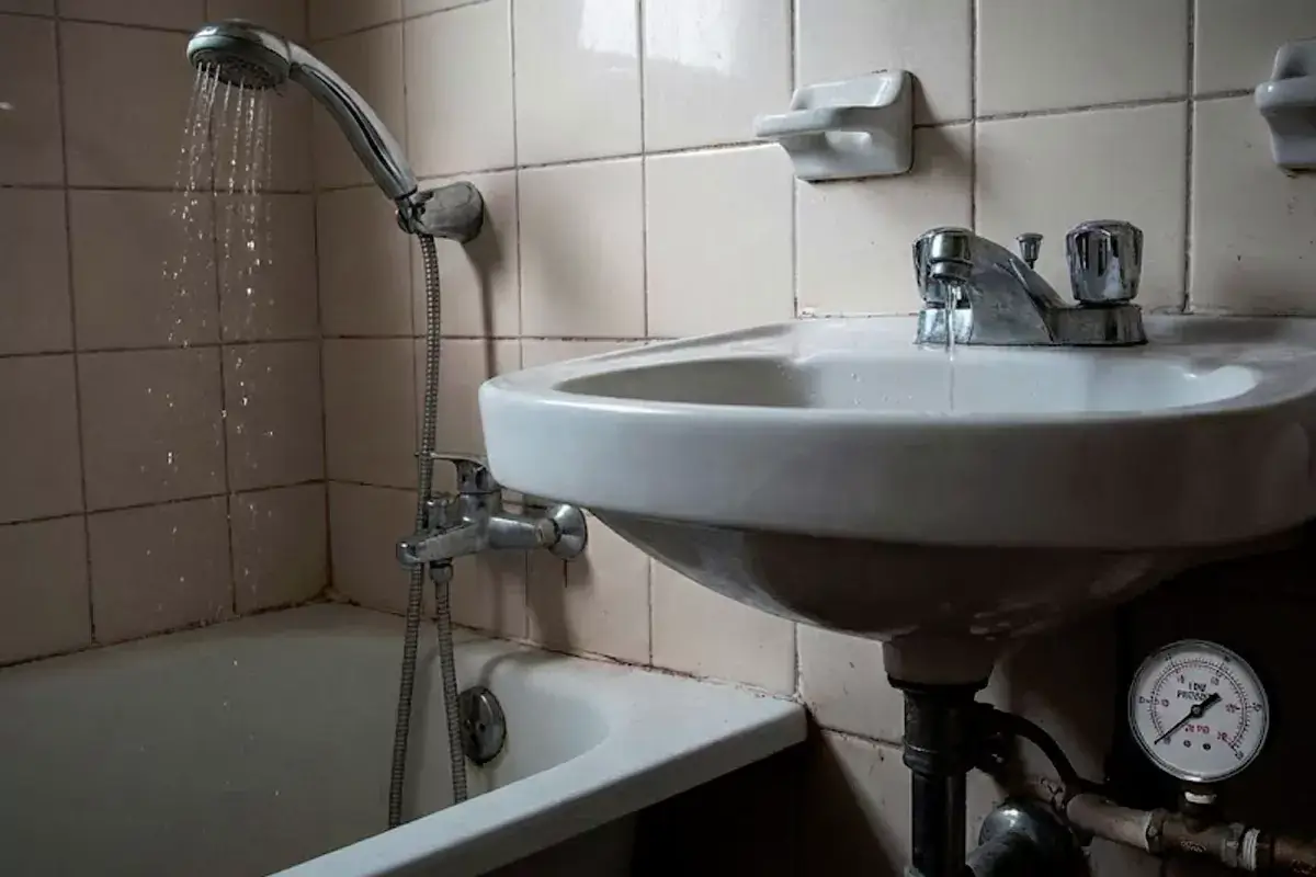 Bathroom showing low water pressure from shower head with pressure gauge visible on pipe demonstrating how to improve water pressure in your home