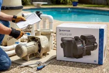 Professional installing Pentair IntelliFlo VSF pool pump next to old pump during Pentair pool pump replacement