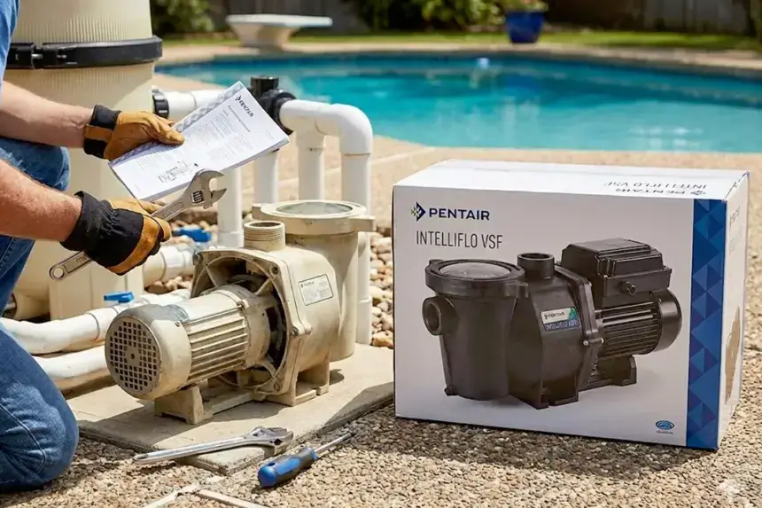 Professional installing Pentair IntelliFlo VSF pool pump next to old pump during Pentair pool pump replacement